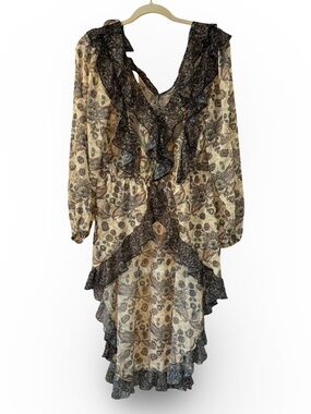 Anthropologie Sheer Floral Ruffle Tunic Blouse in Cream, Brown, Green